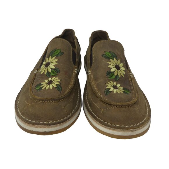 Rank-45 Brown Leather Embroidered Sunflower Slip On Flats Loafers Womens 8 - Picture 6 of 13